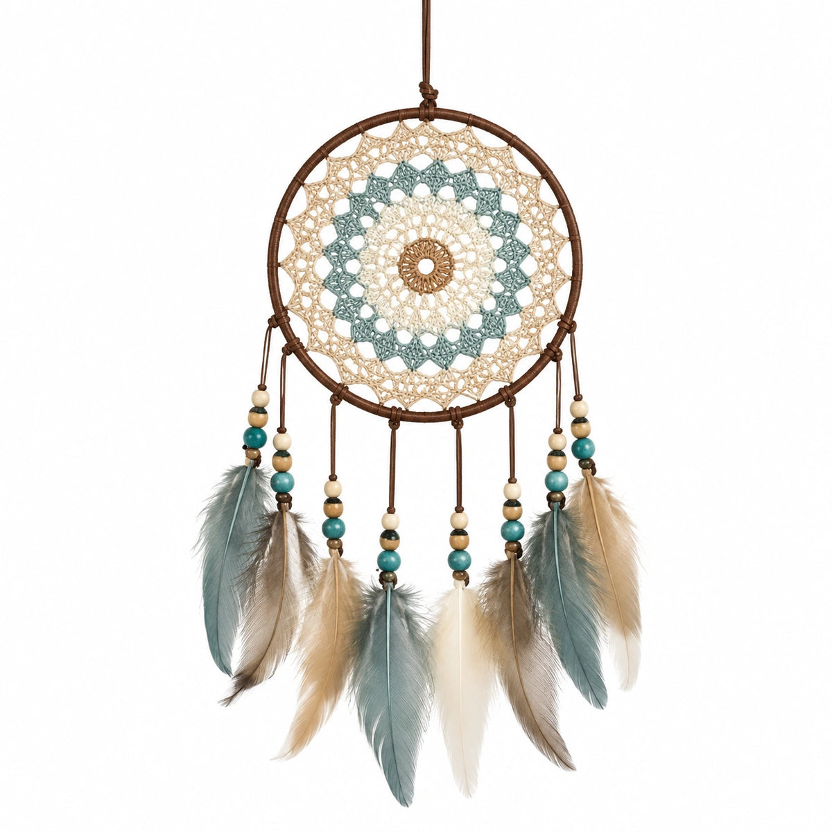 Acchiappasogni sospeso 30 x 70 cm in corda e piume beige turchese stile boho