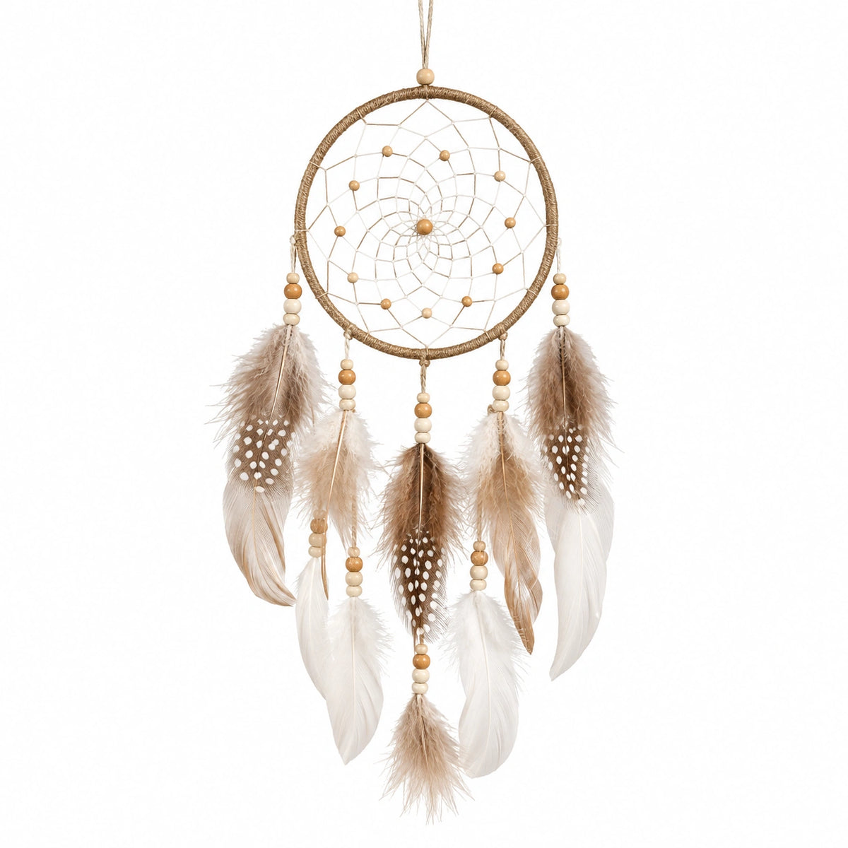 Acchiappasogni decorativo 30 x 75 cm in corda beige con piume stile boho da parete