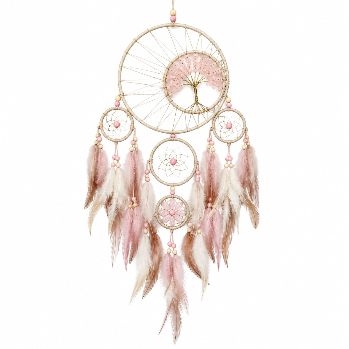 Acchiappasogni da parete 45 x 90 cm in corda e piume rosa beige stile boho