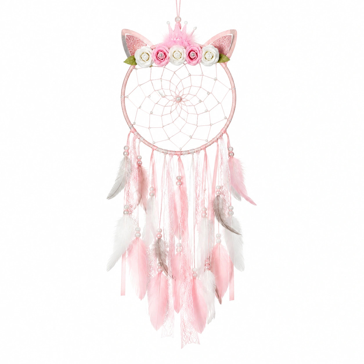 Acchiappasogni da parete 25 x 70 cm rosa e bianco con piume e fiori decorativi