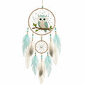 Acchiappasogni 35 x 90 cm con gufo in cordoncino e piume turchese beige decorazione sospesa boho