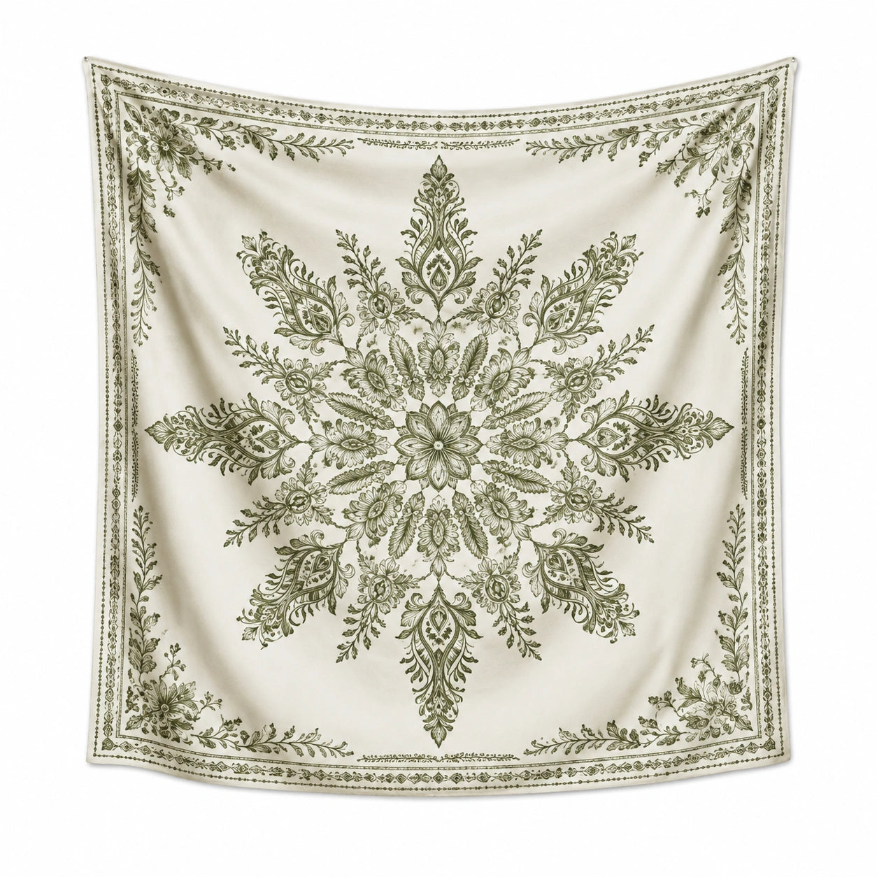 Arazzo da parete 150 x 150 cm in poliestere avorio e verde con motivo floreale decorativo