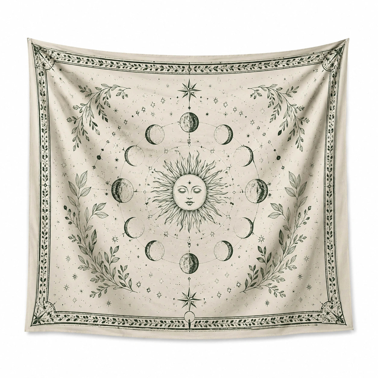 Arazzo da parete 150 x 150 cm in tessuto beige e verde con sole e fasi lunari