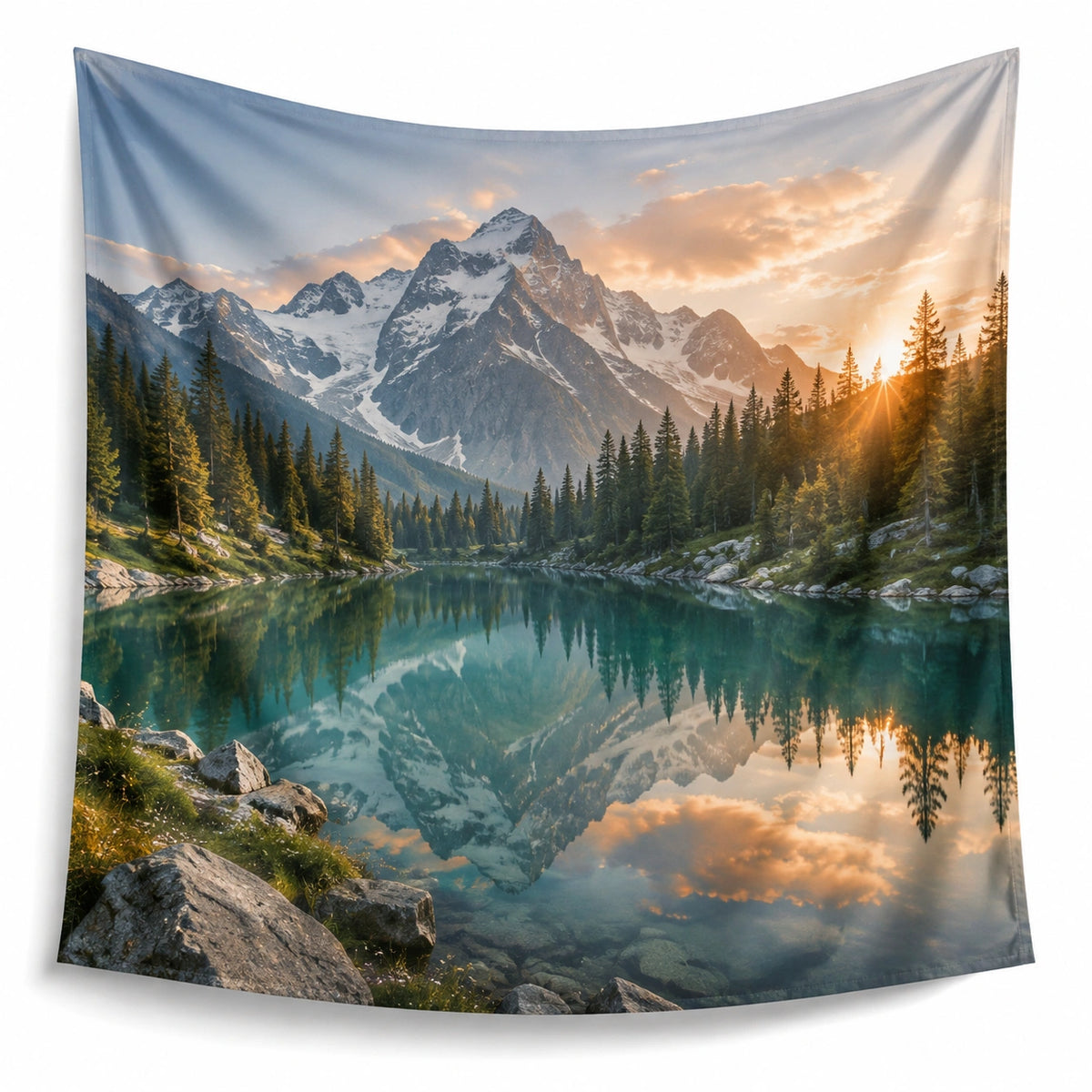 Arazzo da parete 150 x 130 cm in poliestere con paesaggio di montagna e lago - Decorazione naturale