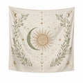 Arazzo da parete 150 x 150 cm in tessuto beige con sole luna e motivo botanico