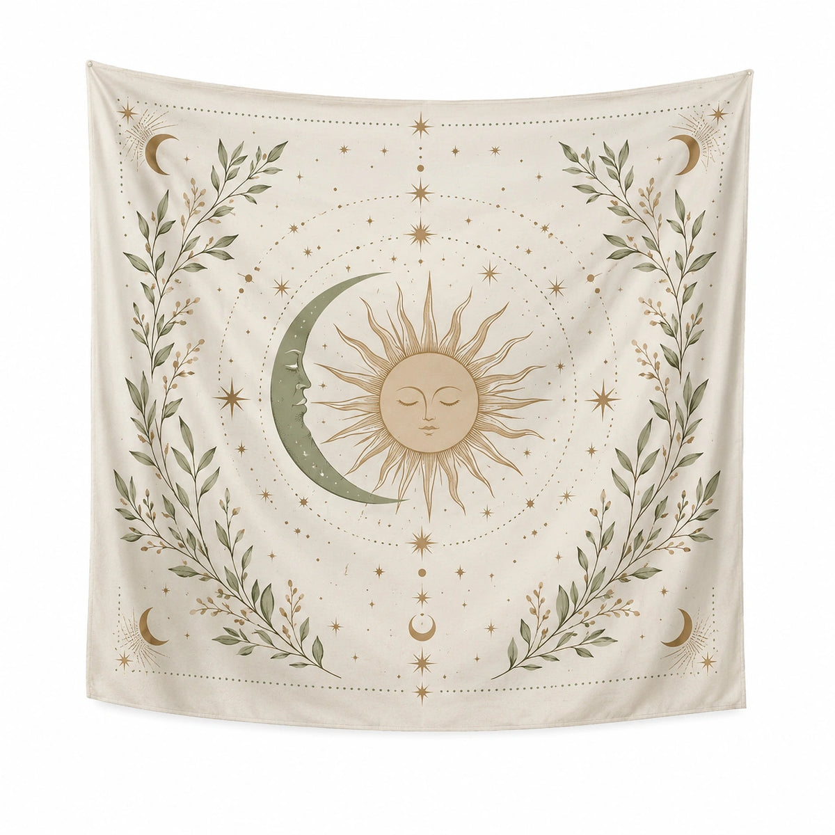 Arazzo da parete 150 x 150 cm in tessuto beige con sole luna e motivo botanico