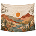 Arazzo da parete 150 x 130 cm in tessuto avorio con paesaggio montano e sole stile boho