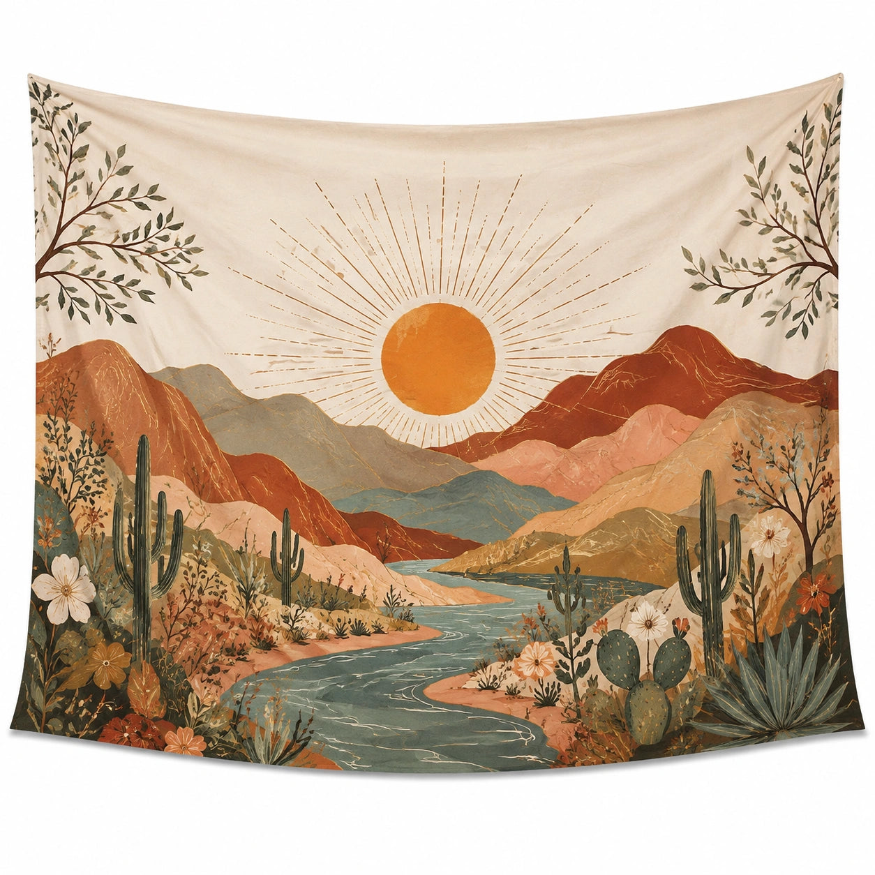 Arazzo da parete 150 x 130 cm in tessuto avorio con paesaggio montano e sole stile boho