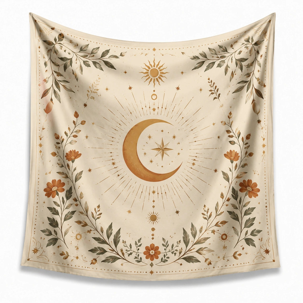 Arazzo da parete 150 x 150 cm in tessuto beige con motivo luna e fiori stile boho decorativo
