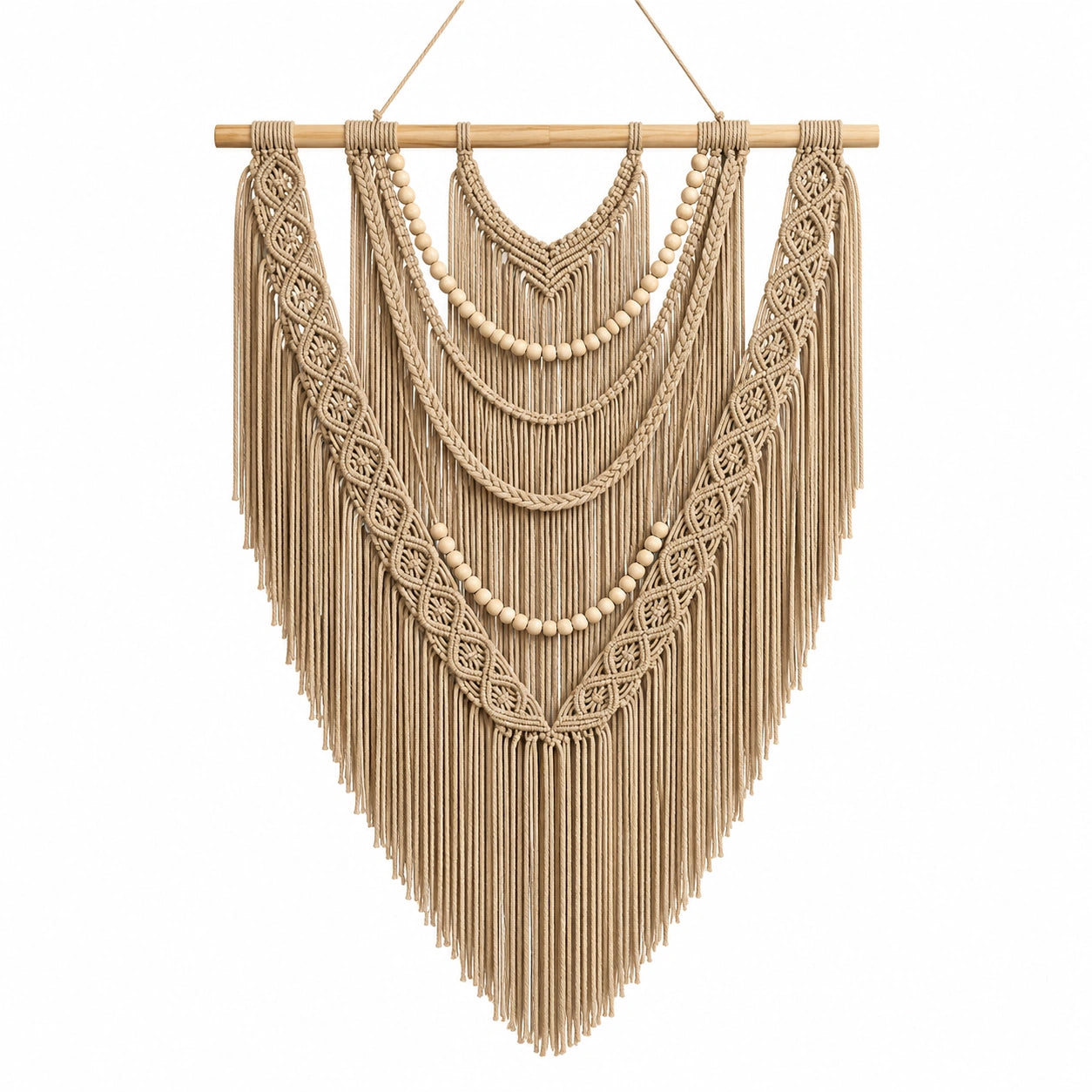 Decorazione da parete macramè 80 x 110 cm in corda tessile beige con frange stile boho