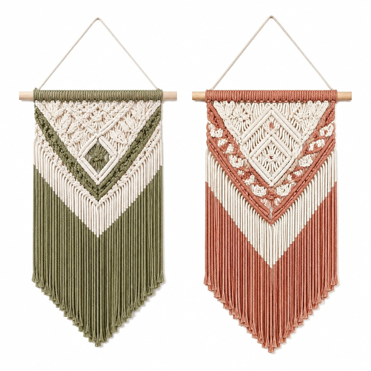 Arazzo da parete in cotone 40 x 80 cm con frange verde salvia terracotta e avorio stile boho