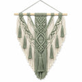 Arazzo da parete macramè 80 x 100 cm in cotone verde salvia e beige con asta in legno stile bohémien
