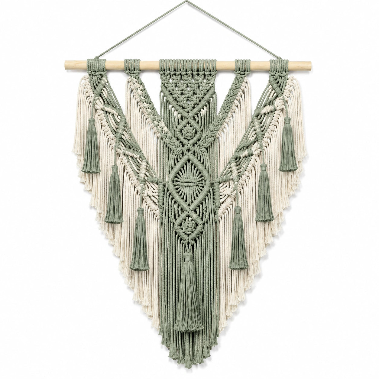 Arazzo da parete macramè 80 x 100 cm in cotone verde salvia e beige con asta in legno stile bohémien