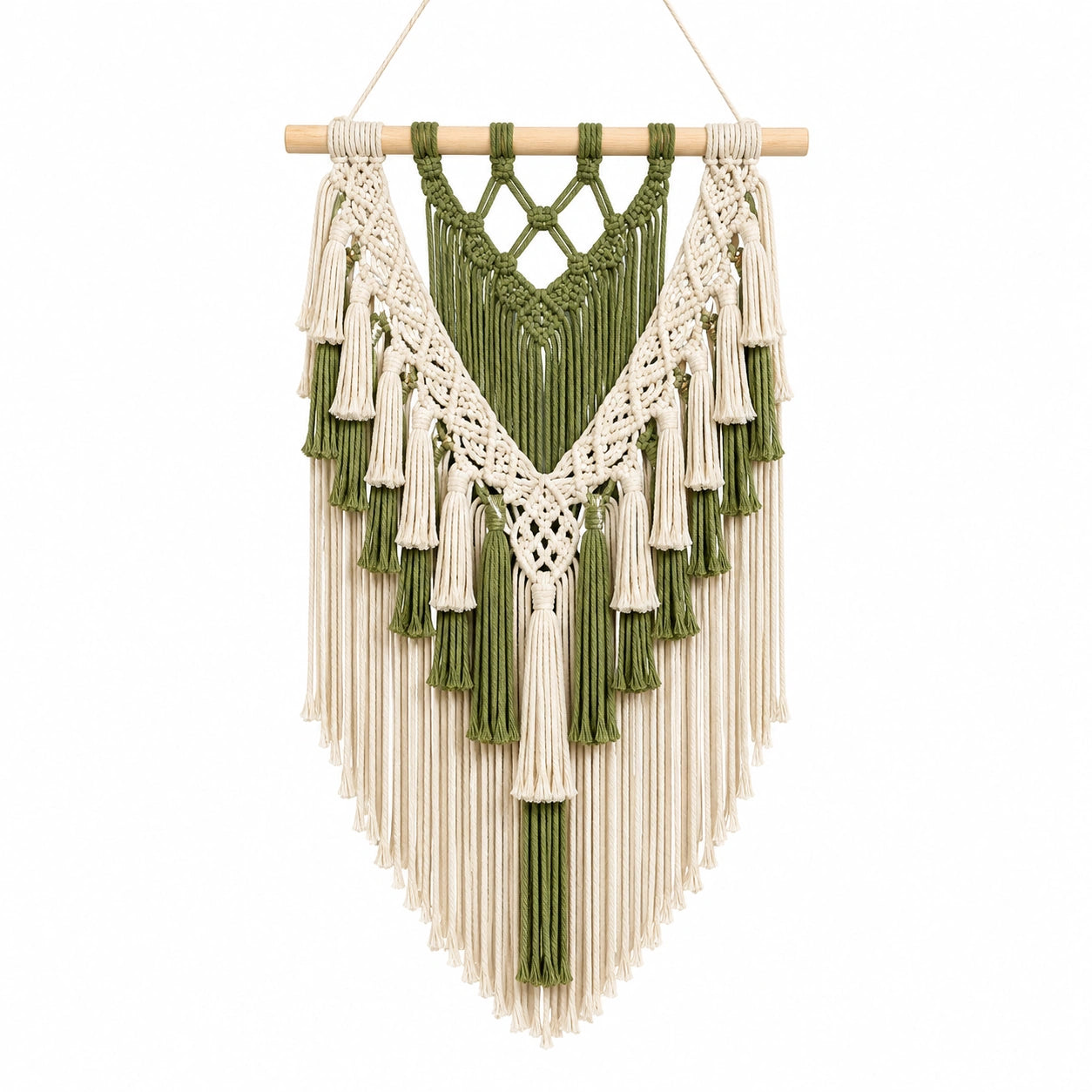Arazzo da parete in macramè 45 x 85 cm cotone verde e crema con asta in legno stile boho