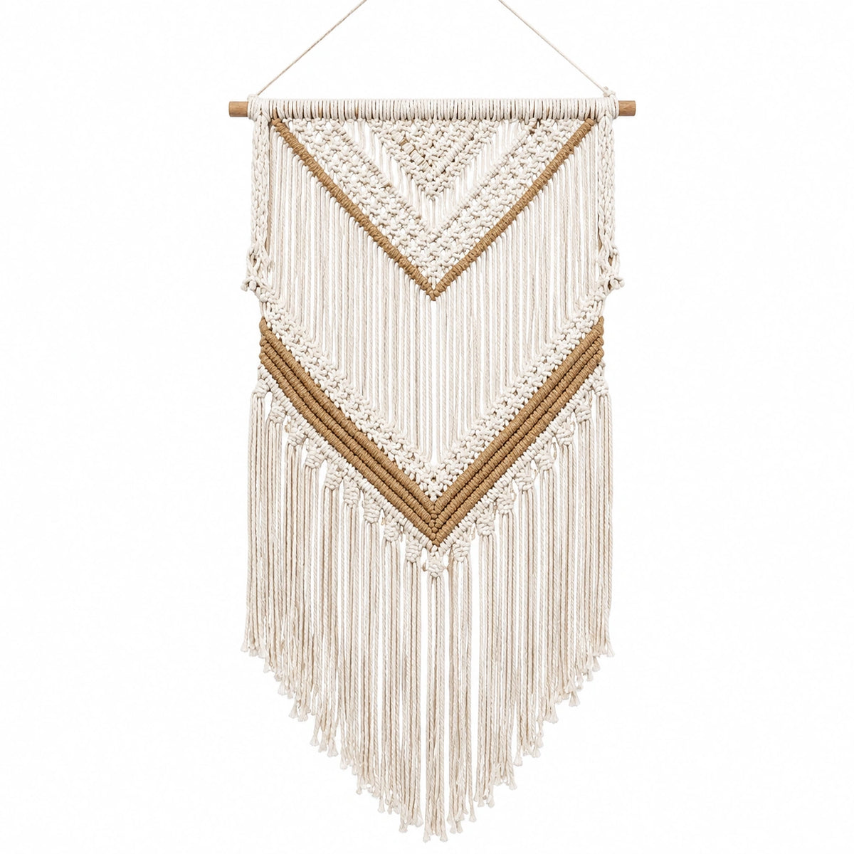Arazzo da parete 50 x 100 cm in corda tessile beige e marrone stile boho con frange
