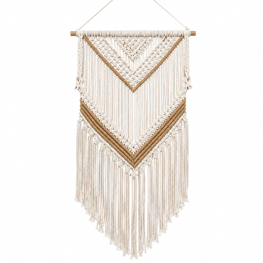 Arazzo da parete 50 x 100 cm in corda tessile beige e marrone stile boho con frange