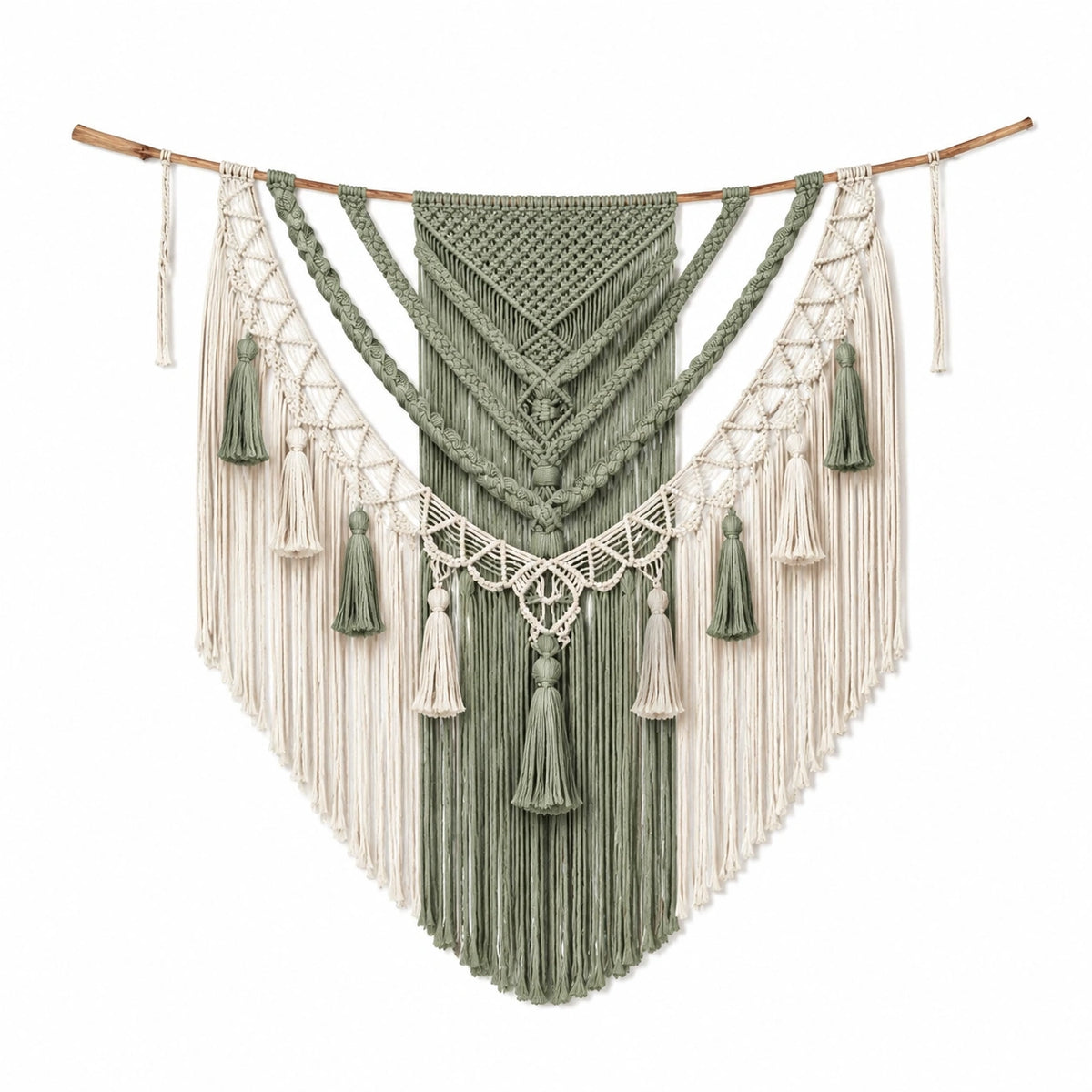 Arazzo da parete in macramè 100 x 120 cm verde salvia e avorio stile boho