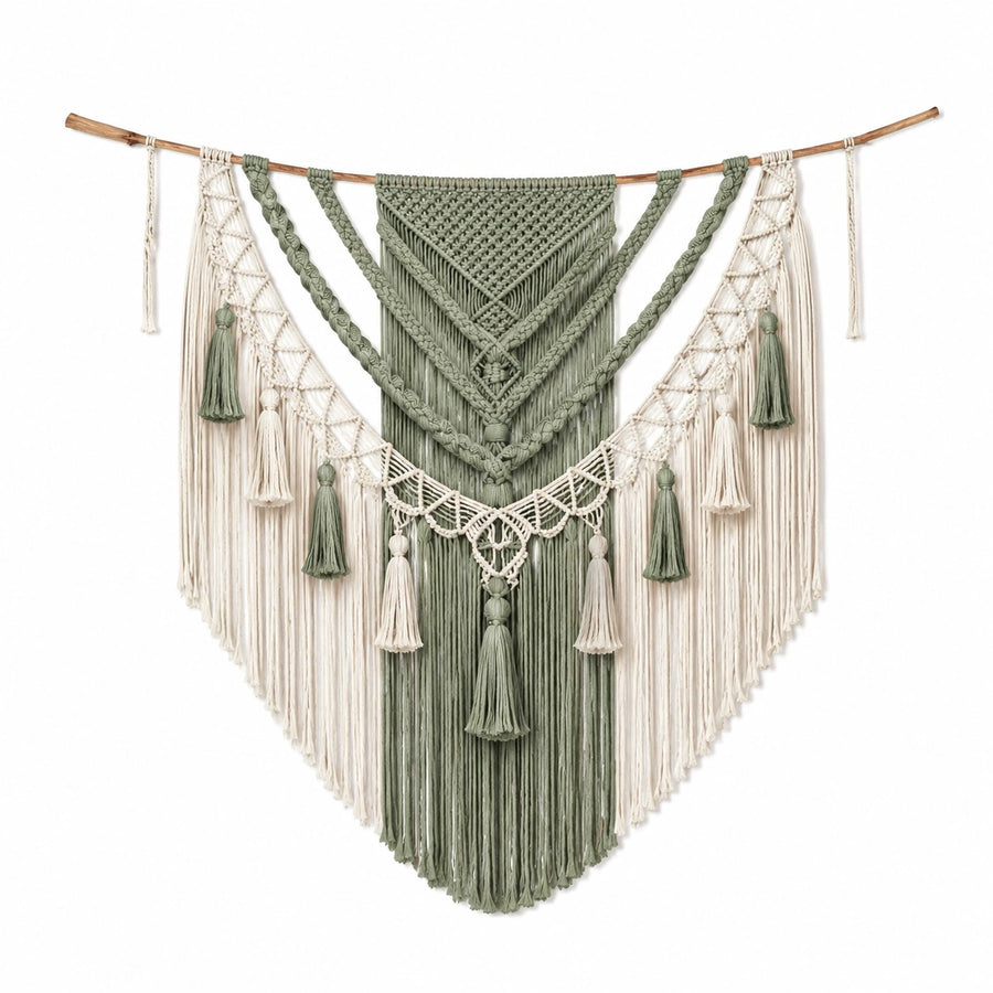 Arazzo da parete in macramè 100 x 120 cm verde salvia e avorio stile boho