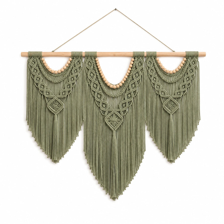 Decorazione da parete in macramè 100 x 105 cm verde salvia con frange stile boho