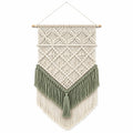 Arazzo da parete 60 x 95 cm in corda di cotone beige e verde salvia stile boho con frange