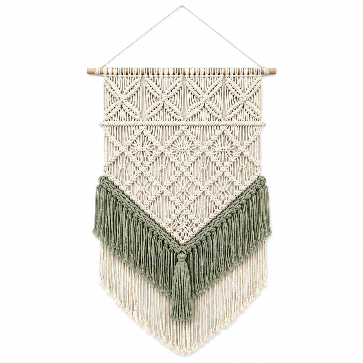 Arazzo da parete 60 x 95 cm in corda di cotone beige e verde salvia stile boho con frange