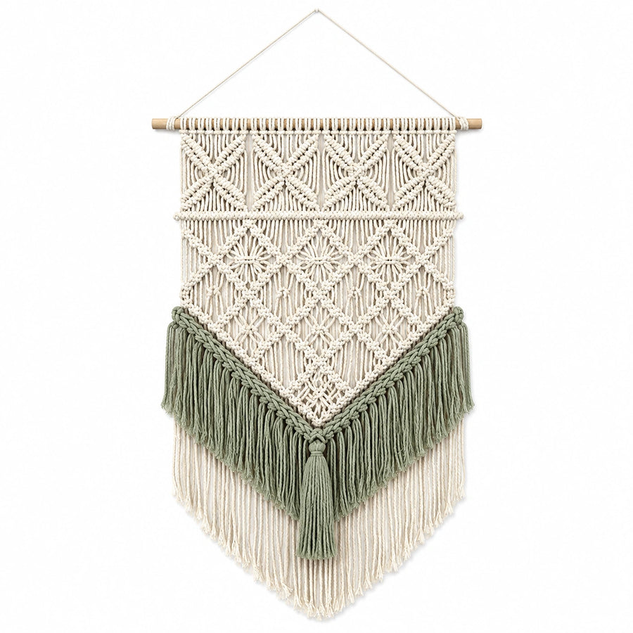 Arazzo da parete 60 x 95 cm in corda di cotone beige e verde salvia stile boho con frange