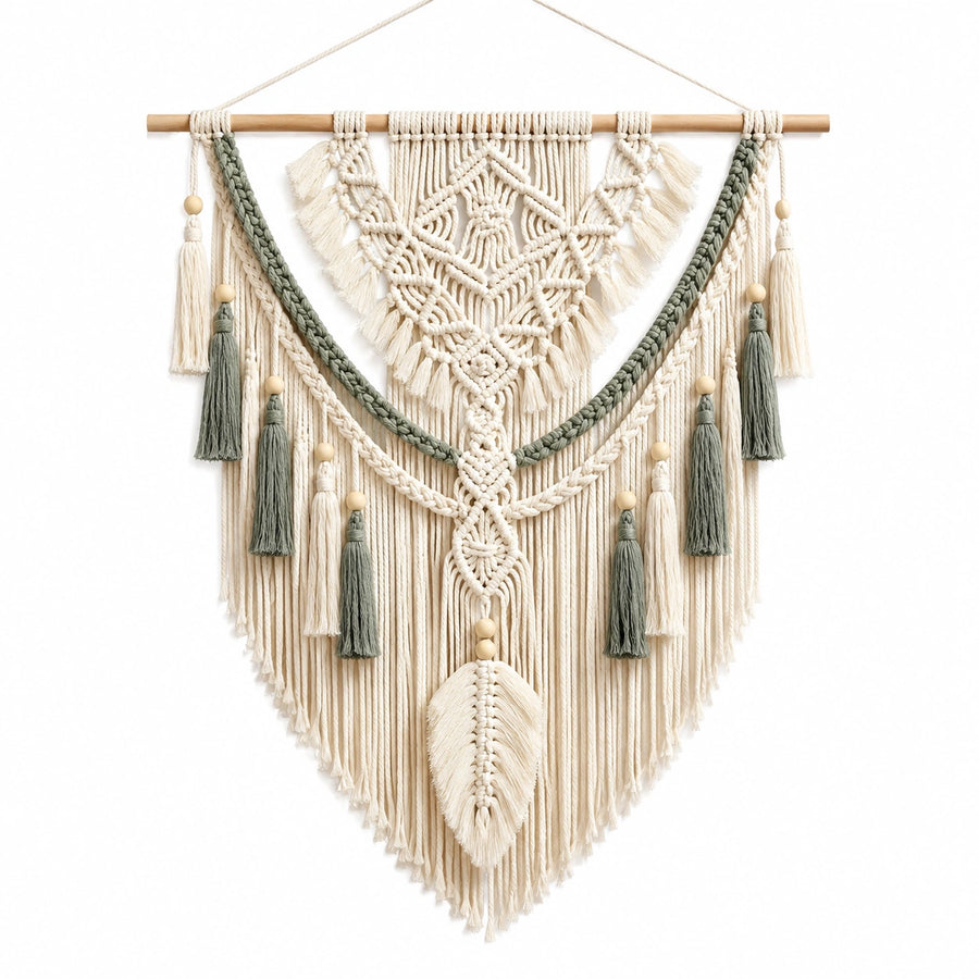 Arazzo da parete in macramè 80 x 110 cm cotone beige e verde stile bohémien