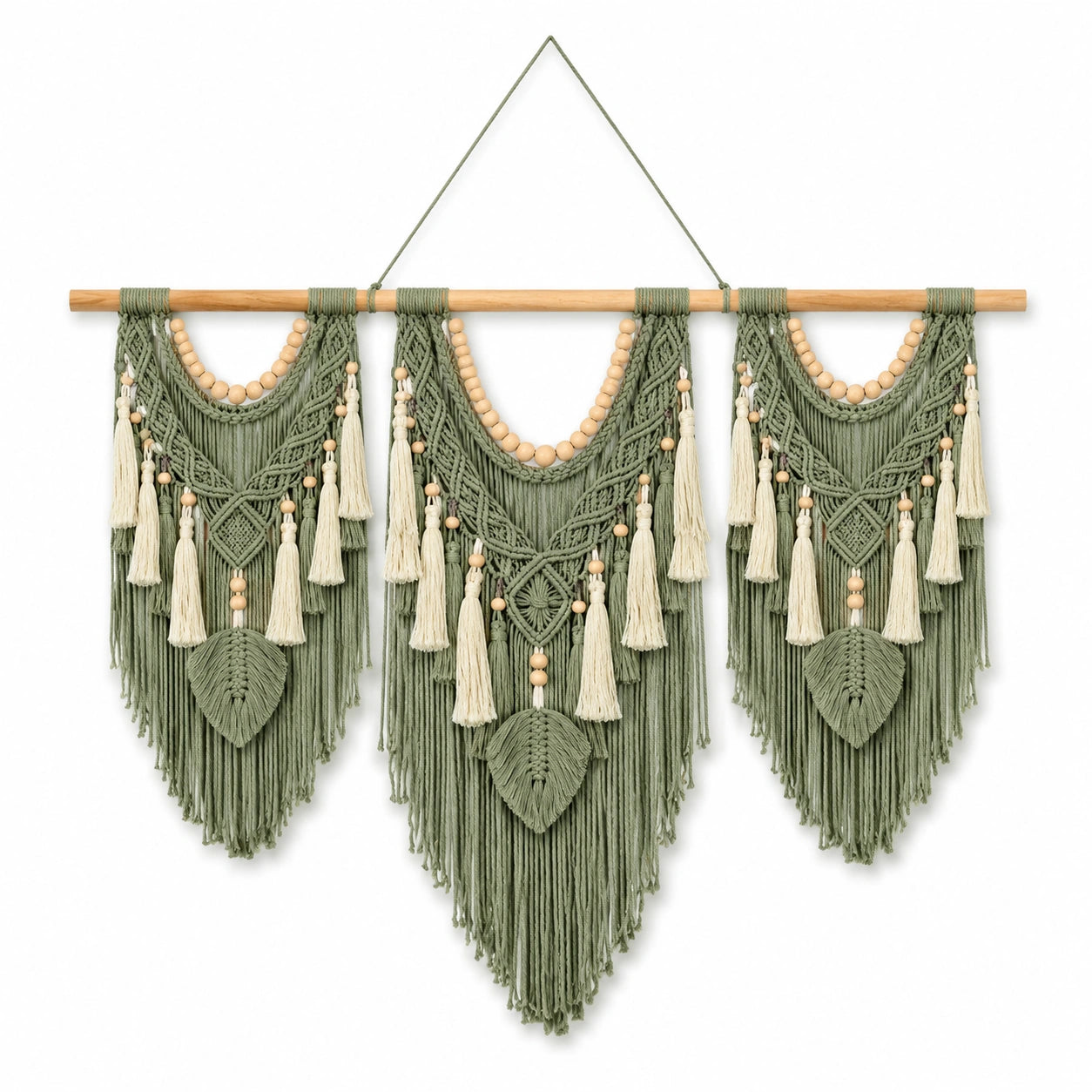 Arazzo da parete in cotone 110 x 100 cm verde salvia con frange stile boho