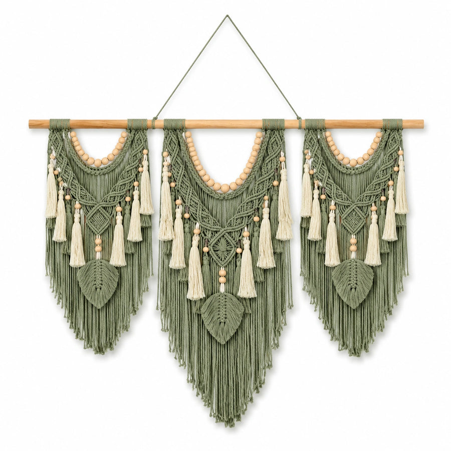 Arazzo da parete in cotone 110 x 100 cm verde salvia con frange stile boho