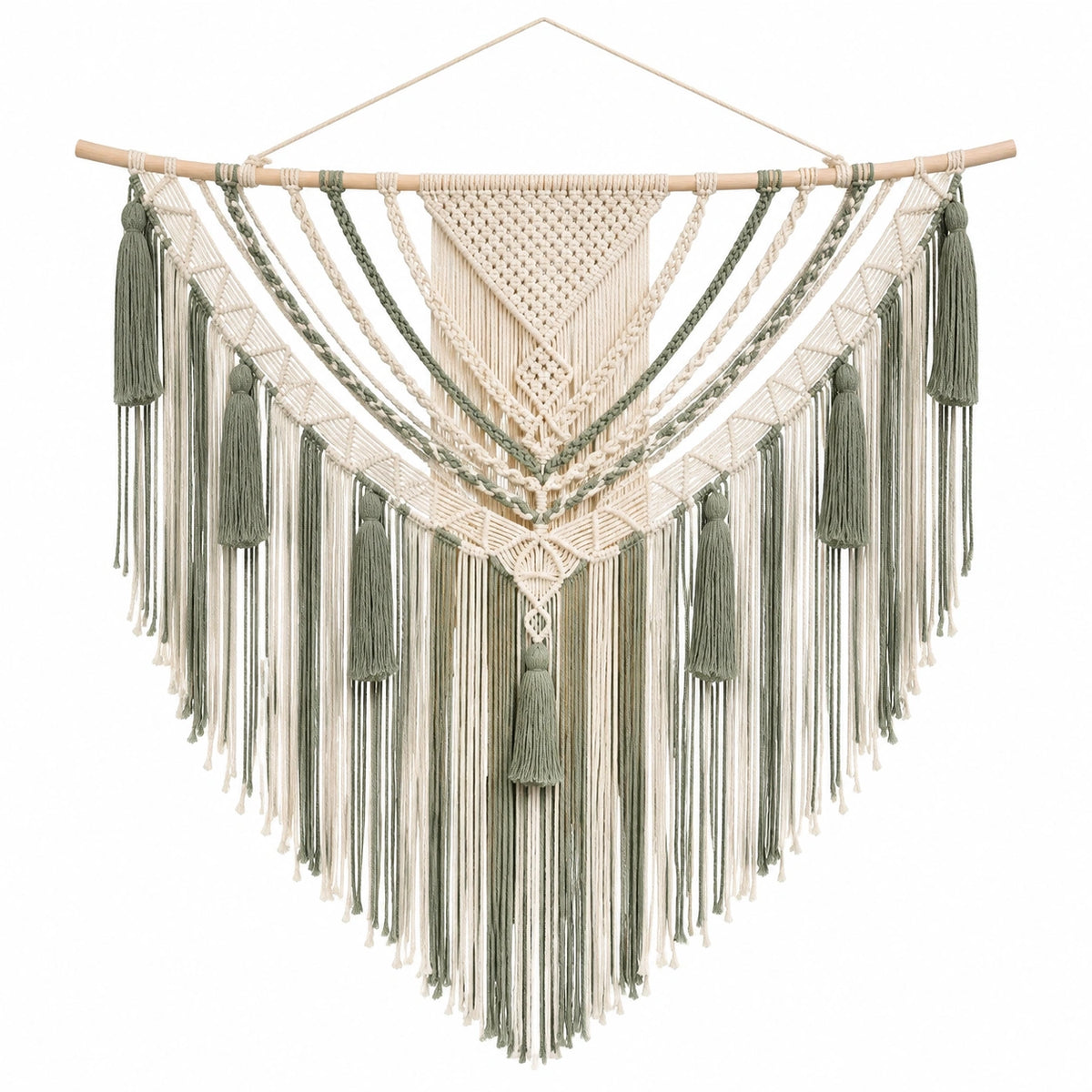 Arazzo da parete macramè 100 x 110 cm in corda tessile beige e verde stile boho decorativo