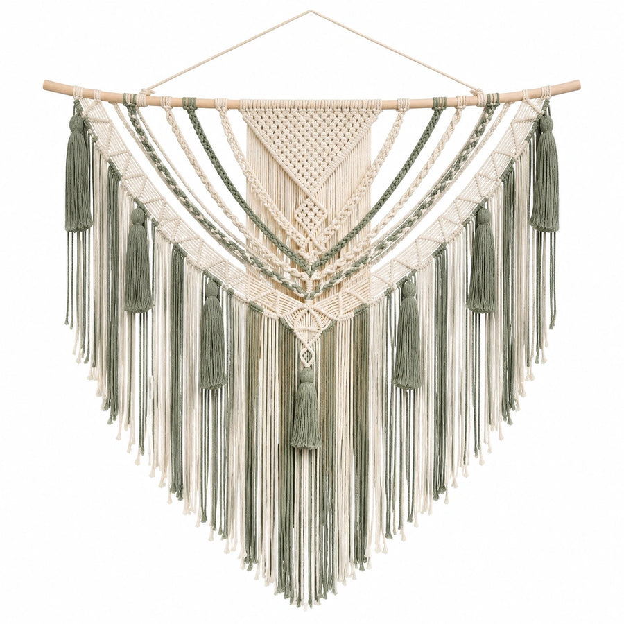 Arazzo da parete macramè 100 x 110 cm in corda tessile beige e verde stile boho decorativo