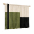 Arazzo da parete 90 x 100 cm in corda di cotone verde nero e avorio con bastone in legno stile boho