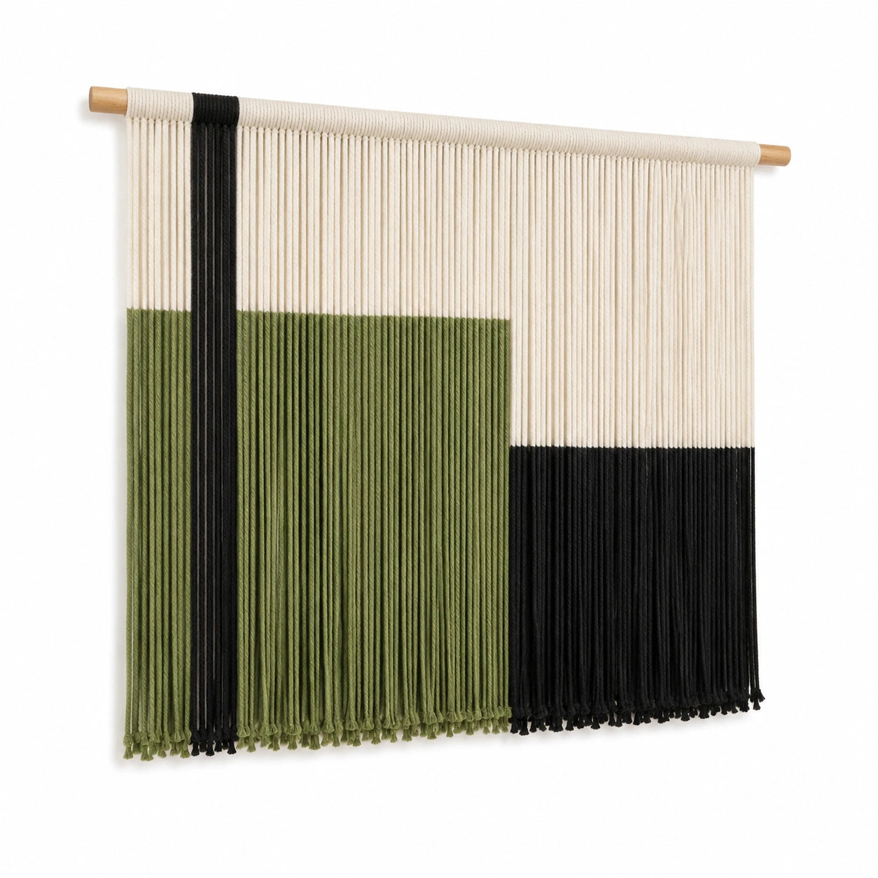 Arazzo da parete 90 x 100 cm in corda di cotone verde nero e avorio con bastone in legno stile boho