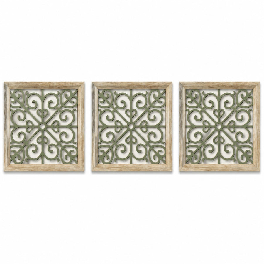 Set 3 pannelli decorativi da parete 40 x 40 cm in legno verde e naturale - stile classico