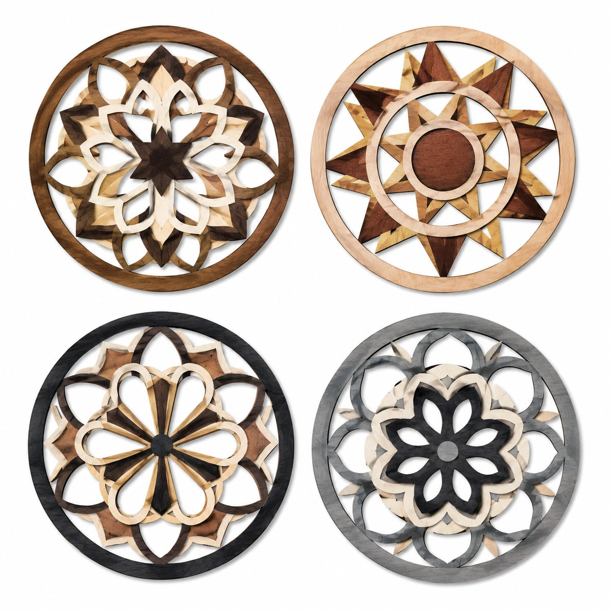 Set di 4 decorazioni murali rotonde 40 cm in legno multicolore stile geometrico
