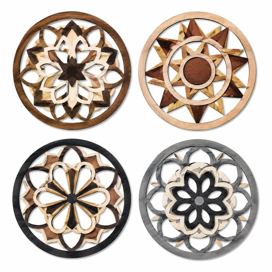 Set di 4 decorazioni murali rotonde 40 cm in legno multicolore stile geometrico
