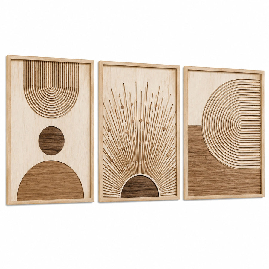 Set 3 pannelli decorativi da parete 30 x 60 cm in legno beige e marrone - design geometrico