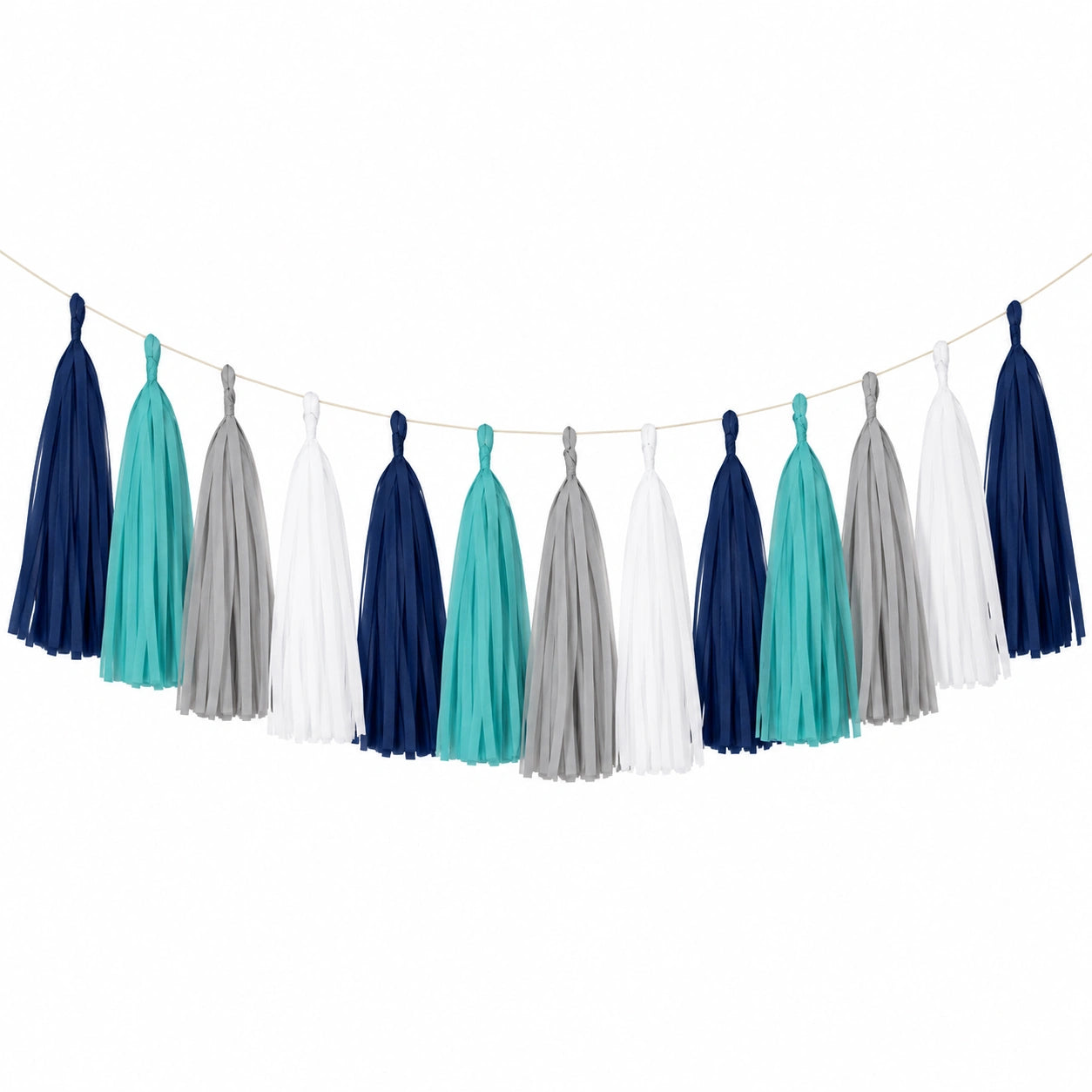 Ghirlanda con nappine 300 x 35 cm in carta velina blu turchese grigio bianco per feste decorativa