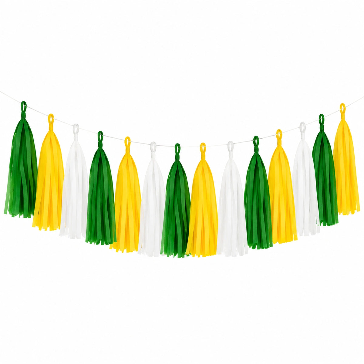 Ghirlanda decorativa 300 x 30 cm in carta verde giallo bianco con nappe per feste