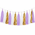 Ghirlanda decorativa 300 x 35 cm in carta viola bianco oro con nappine per feste