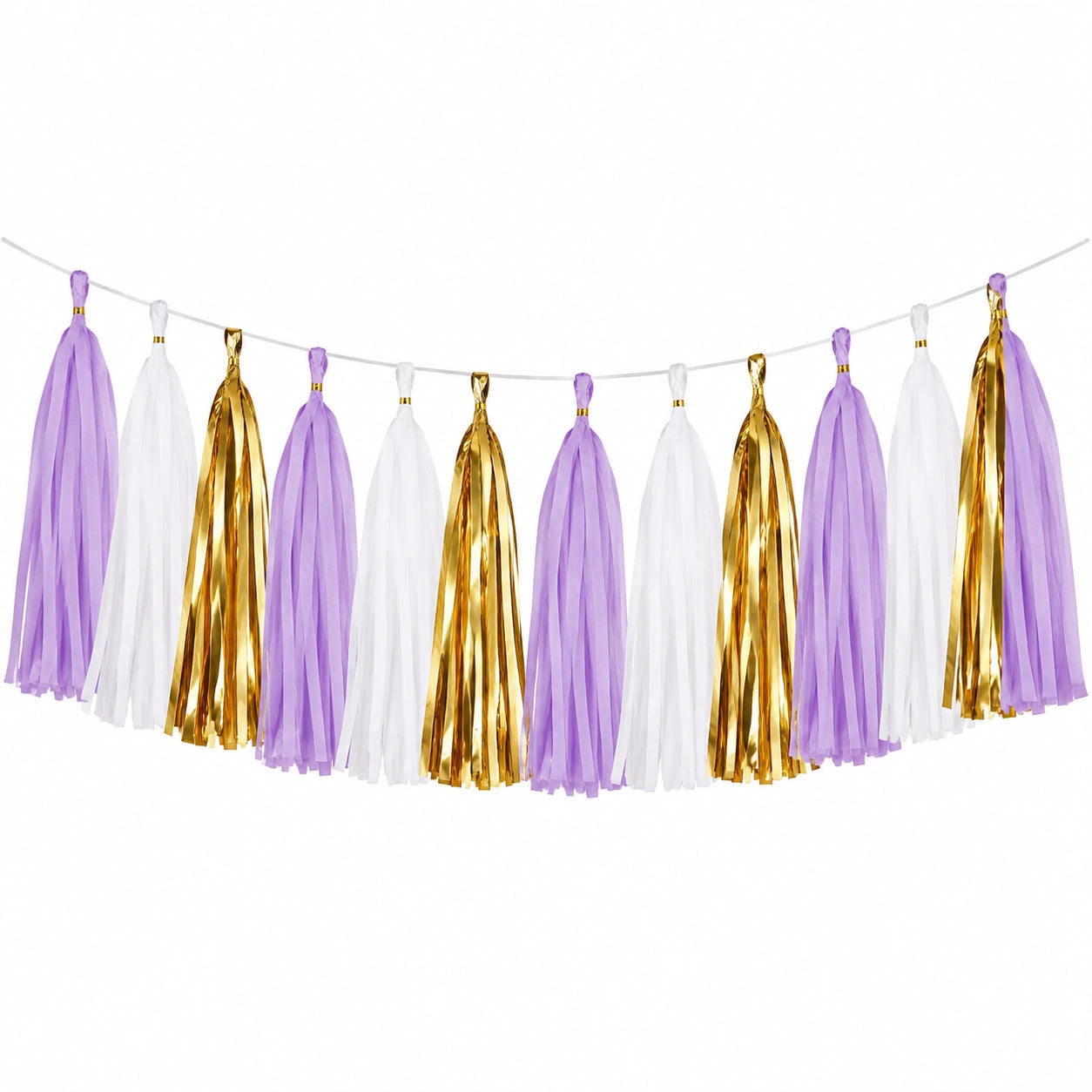 Ghirlanda decorativa 300 x 35 cm in carta viola bianco oro con nappine per feste
